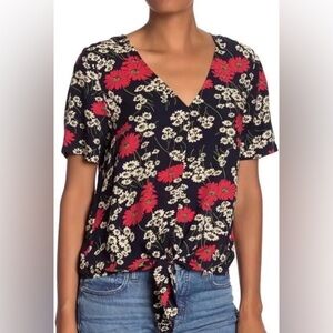 Madewell tie waist shirt, navy white red floral, size XXS extra extra small